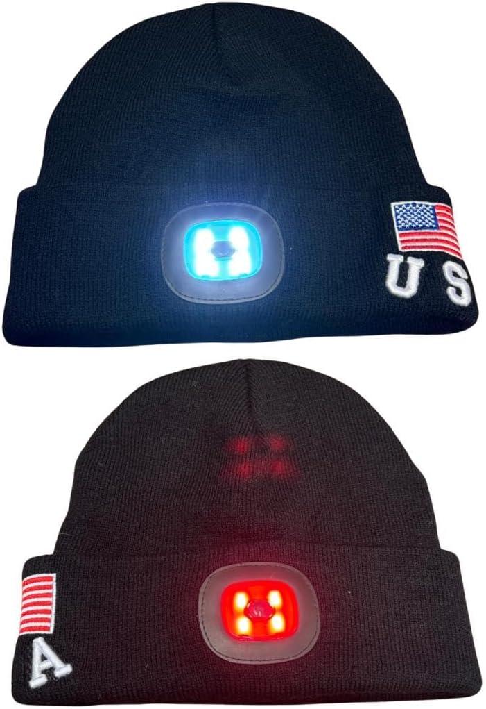 LED Beanie Hat with Rechargeable Headlight & Rear Red Light, 3 Modes, USB Charging, Warm Winter Cap with USA Logo (Black)