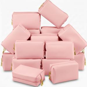 Kigeli 15 Pcs Aesthetic Makeup Bags PU Leather Cosmetic Pouches Waterproof Plain Toiletry Bags Makeup Pouches Bulk for Women Party Gift Travel Storage Organizer(Pink)