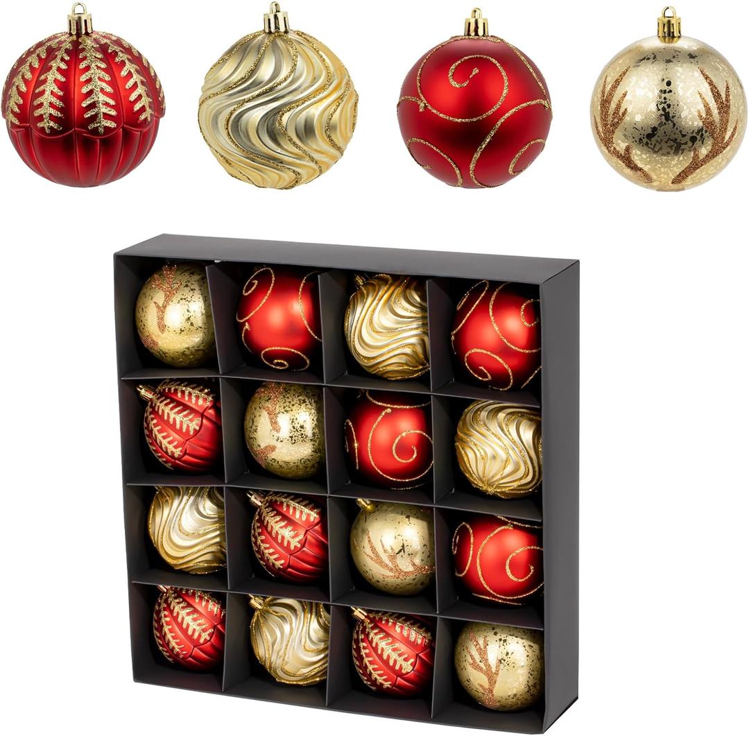 3.15" Luxury Christmas Tree Balls Ornaments, 16Pcs Colored Shatterproof Plastic Hanging Ornaments Set for Christmas Trees Decor/Wedding/Holiday/Party (Gold & Red)