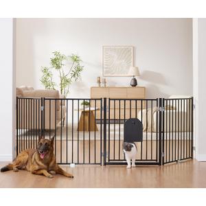 No Pawblems Free Standing Dog Gate with Cat Door, 30'' Tall Foldable Dog Fence for Indoor & Outdoor, Up to 104 Inch Extra Wide Puppy Gate for Stairs, Hallways, Doorways, Deck, Yard (Black, 4 Panels)