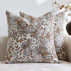 Vintage Floral Throw Pillow Covers 18x18 Pack of 2 Country Farmhouse Accents Chenille Jacquad Decorative Square Pillow Cases for Living Room Couch Bed Home Decor, Camel Khaki Tan