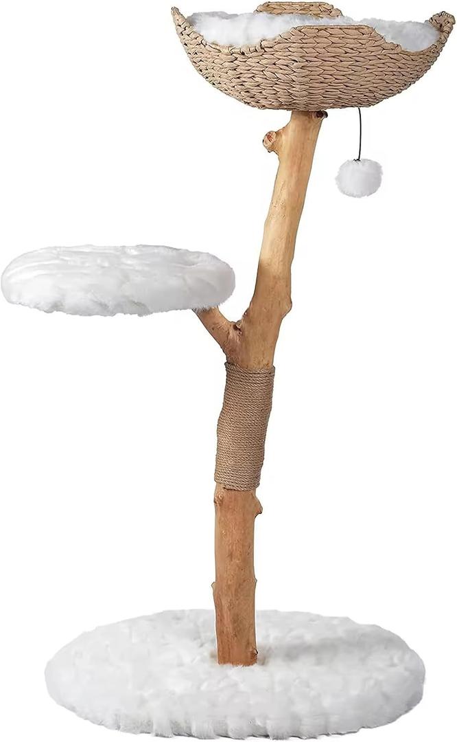 Luxury Natural Wooden Cat Tree  Modern, Eco-Friendly Design with Soft Cushions, Woven Bed, and Scratching Post for Cats