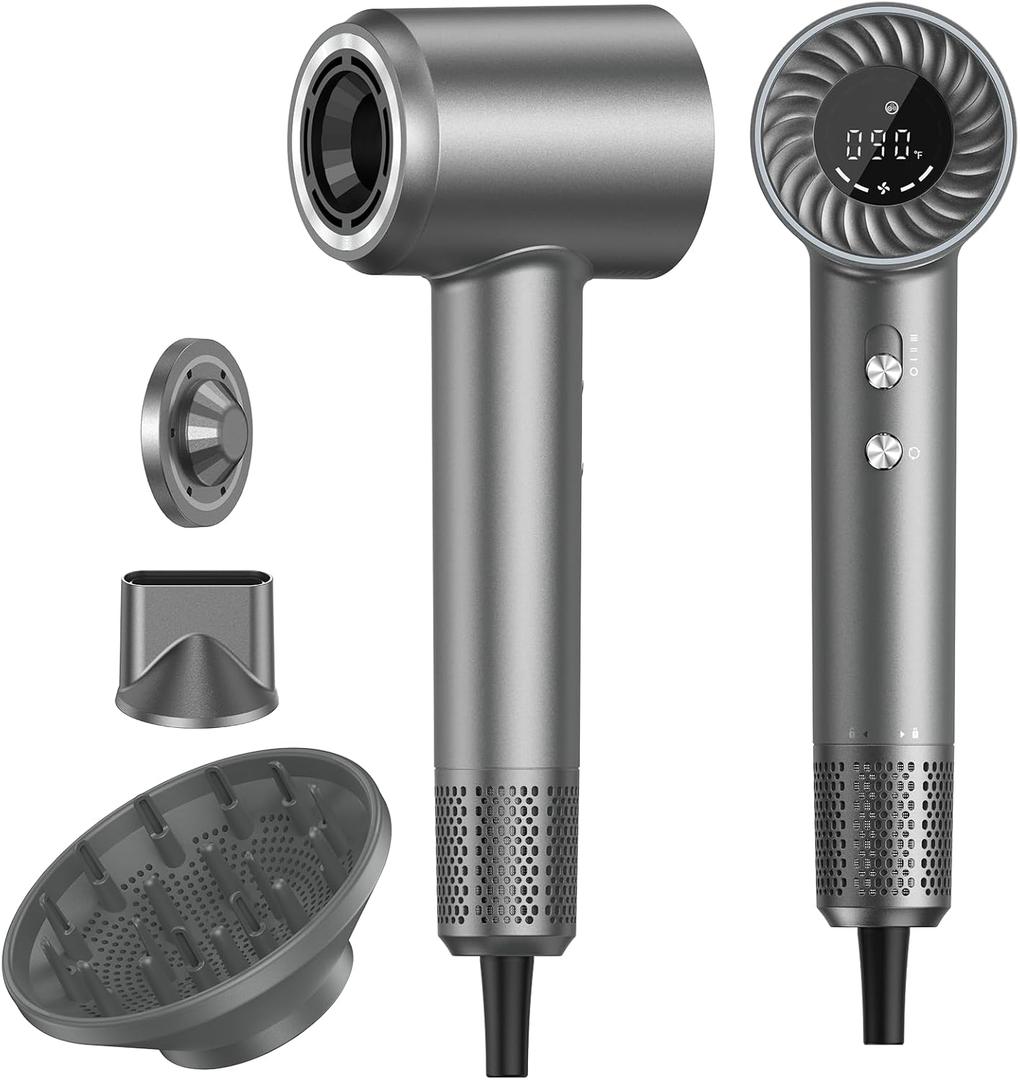 Hair Dryer, 150000 RPM Brushless Motor with 500M Negative Ions, Fast-Dry Lightweight Design, ThermoControl & Magnetic Nozzle/Diffuser, Low Noise Salon Blow Dryer for All Hair, Travel, Home