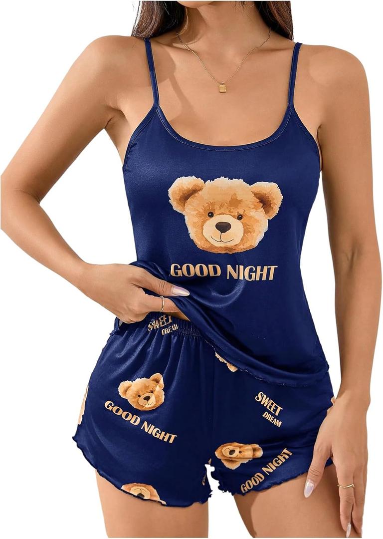 SweatyRocks Women's Cute Bear Print Satin Paiama Sets Silky Cami Top and Shorts 2 Piece Pajamas Set (Blue, M)