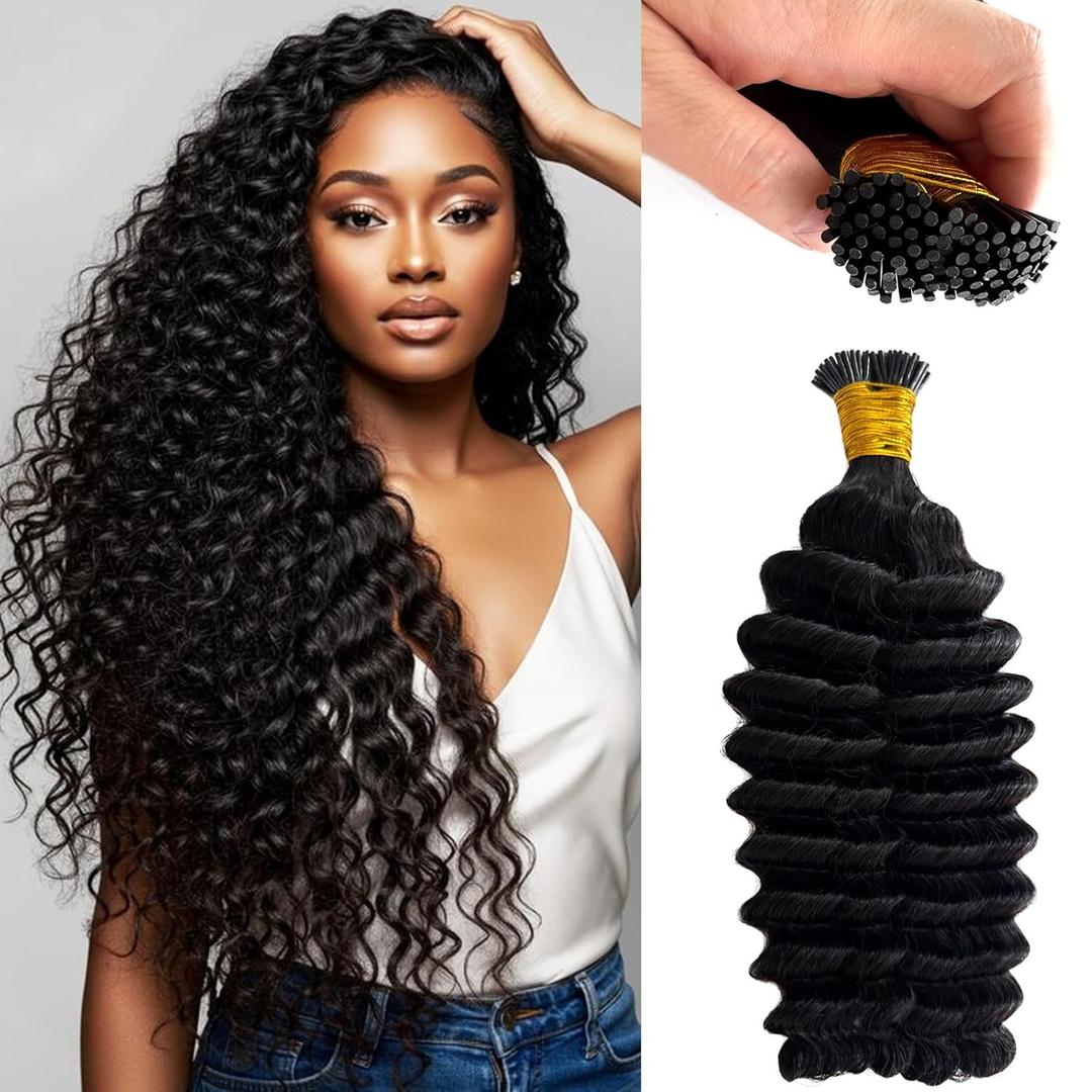 I Tip Hair Extensions Human Hair Deep Wave 28 Inch Black Hair Extensions i Tip Real Human Hair Extensions Pre Bonded Cold Fusion Remy Hair Curly I tip Extension for Black Women 50 Strands 50 Gram