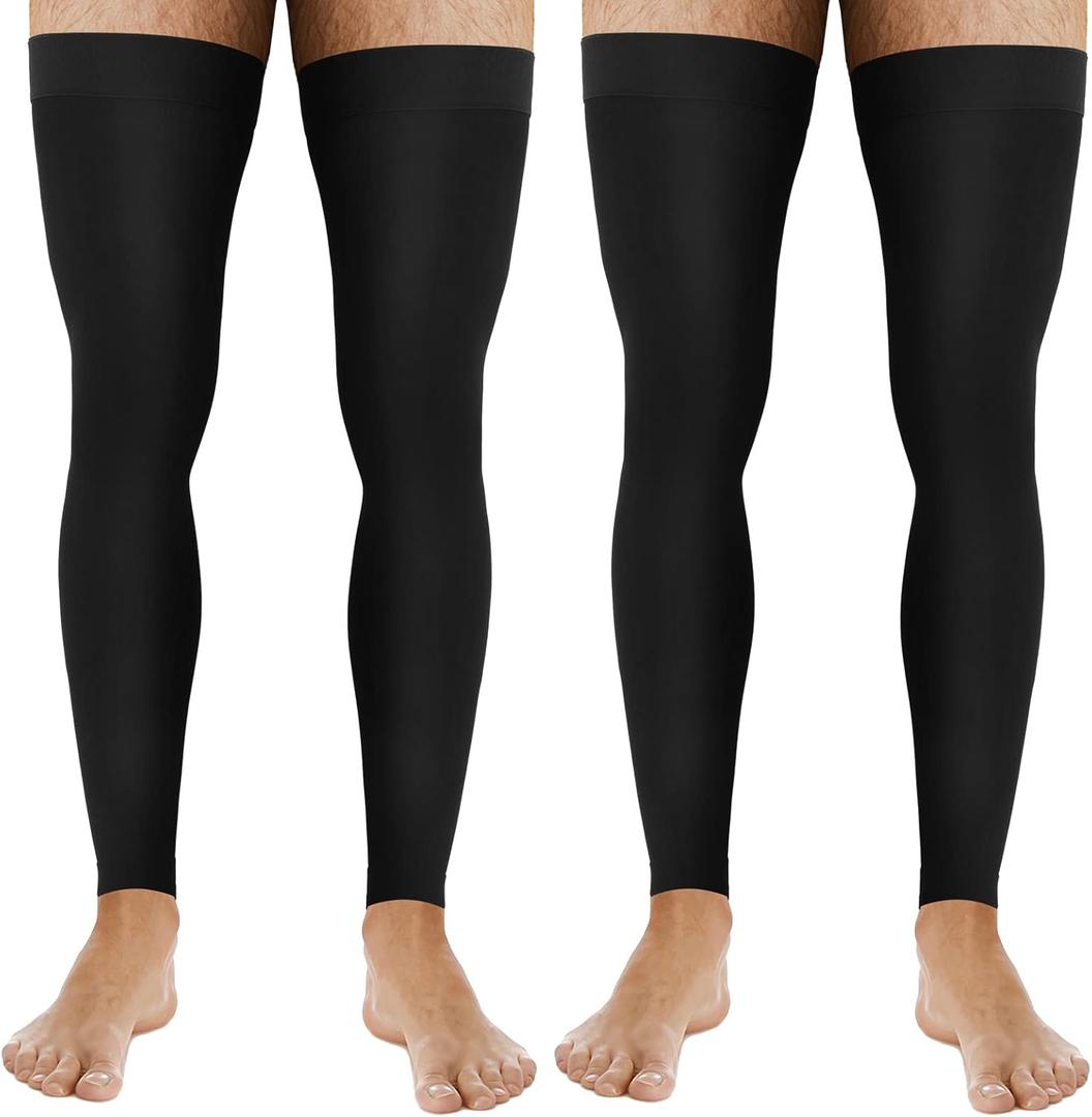 Zhanmai 2 Pairs Men's Thigh High Compression Stockings Footless 20-30 Mmhg Compression Leg Sleeves Thigh High Graded with Silicone Band for Men Sport Running Edema Swelling Black XL