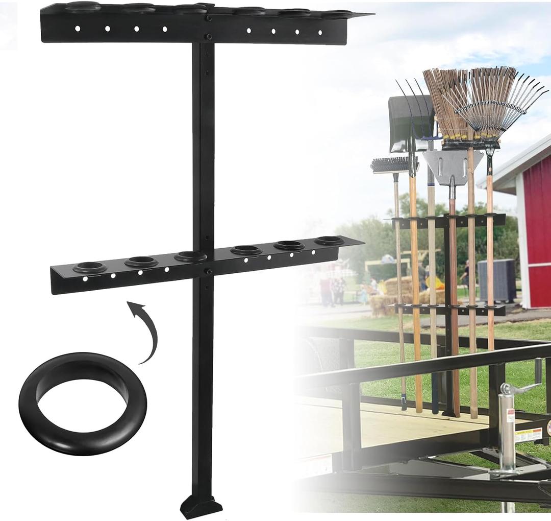 Trailer Tool Rack Shovel Holder - Shovel Rack for Trailer with 6 Tool Holes with Rubber Grommets, Classical Black