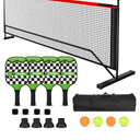 Pennpliy Pickleball Set with Net and Paddles, 4 Player Set, Brown Wooden Paddles, 22FT Portable Net, 6 Balls, 4 Ball Retrievers, 4 Replacement Grips
