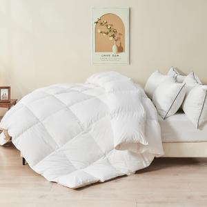TOPGREEN Feather Down Comforter Queen Size, Luxury Extra-Fluffy Duvet Insert, All Season Bed Comforter with Ultra-Soft Organic Cotton Case (90x90 Inch, Ivory White)