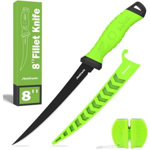 ANTOWIN 8 Inch Fishing Fillet Knife, Professional Level Knives for Filleting Fish and Boning Meat, Sharp Stainless-Steel Non-Stick Coating Blade, Non-Slip Handles, with 1 Two Stage Knife Sharpener (Green) ANTOWIN 8 Inch Fishing Fillet Knife, Professional Level Knives for Filleting Fish and Boning Meat, Sharp Stainless-Steel Non-Stick Coating Blade, Non-Slip Handles, with 1 Two Stage Knife Sharpener (Green)