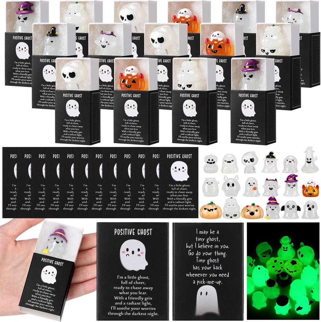 36 Sets Halloween Ghost Party Favors Glow in The Dark Gift Resin Spirit Figures with Boxes and Positive Cards Mini Luminous Positive Ghost for Basket Stuffer Office Table Decor (Customized)