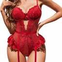 Avidlove Lingerie for Women Mesh Lace Bodysuit Sexy Wireless Garter Lingerie Set Teddy Lingerie(No Stockings) (XL, Burgundy)