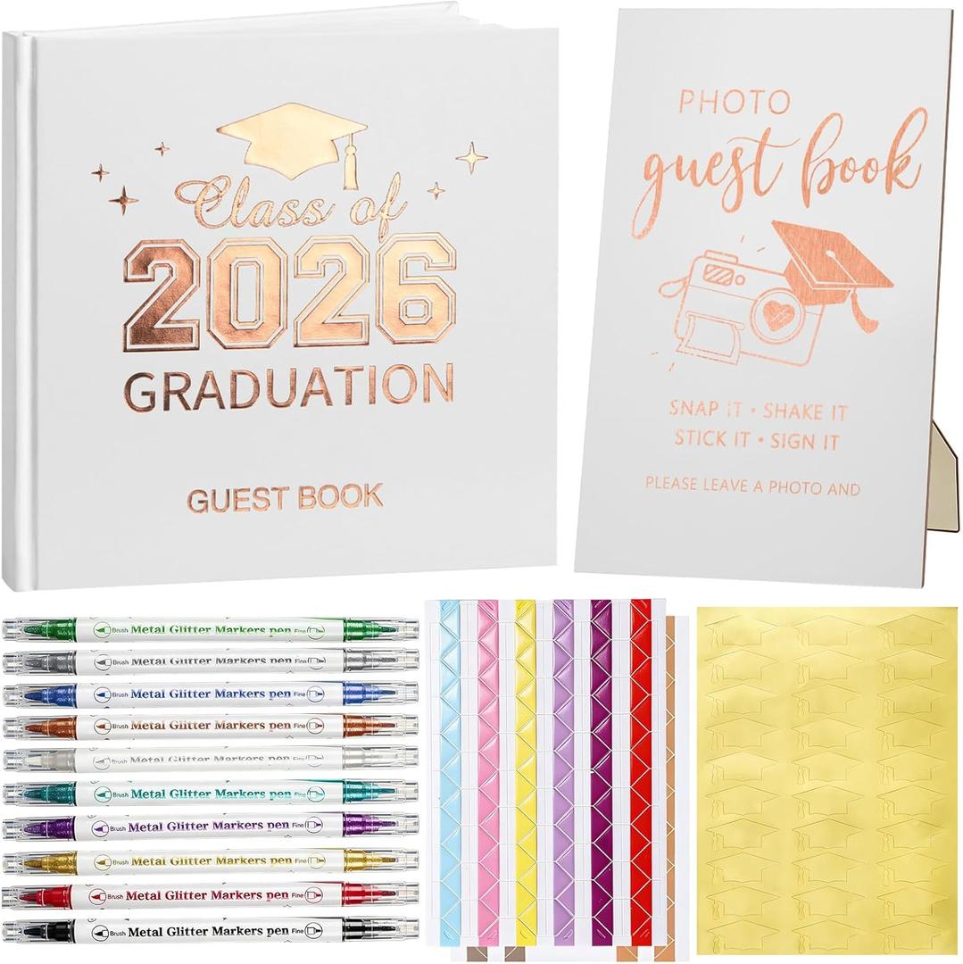 Pajean 2026 Graduation Guest Book Set with Photo Guest Book Sign Holder Dual Tip Pens Photo Corner Stickers Grad Cap Stickers for Congrats Grad Party Supplies Favors Gifts(White Rose Gold)