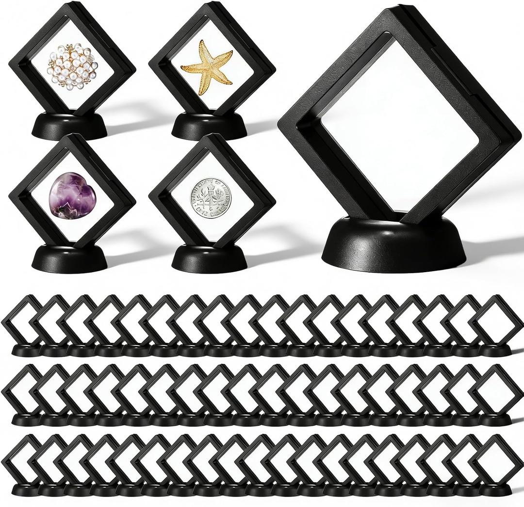 60 Pcs 3D Floating Display Case, Plastic Coin Holder with Stand for Challenge Coins, Medallions, Jewelry, Rocks and Specimens, 2.76x2.76x0.79 Inch Protective Frame, Black