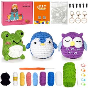 PIPAPI Crochet Kit for Beginners, 3 Pattern Animals-Owl, Penguin, Frog, Knitting Kit for Adult Kids with Step-by-Step Video Tutorials and Yarns, Hook, Accessories (green)