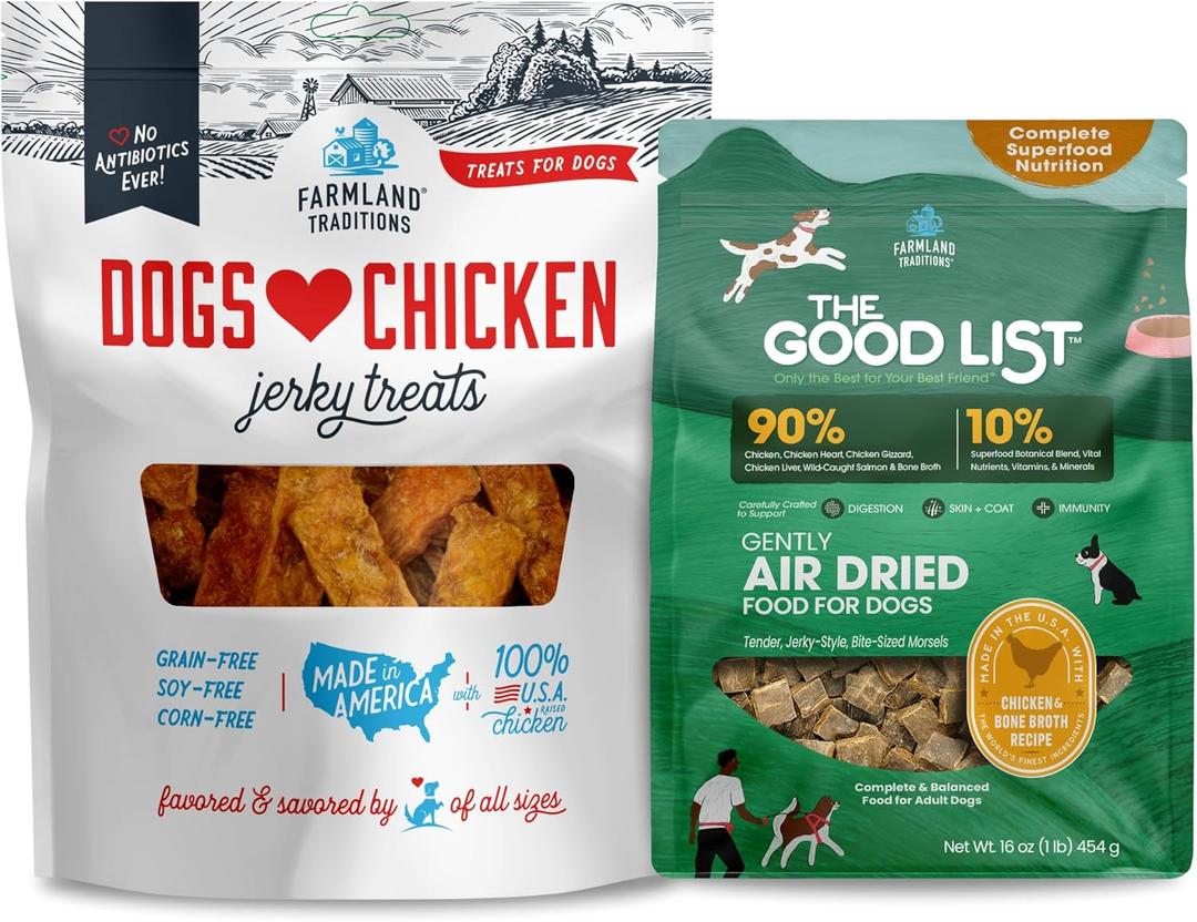 Farmland Traditions Dogs Love Chicken Jerky Dog Treats (3 lb) & The Good List Air-Dried Dog Food with Chicken & Bone Broth (1 lb) Bundle, High-Protein & Grain-Free