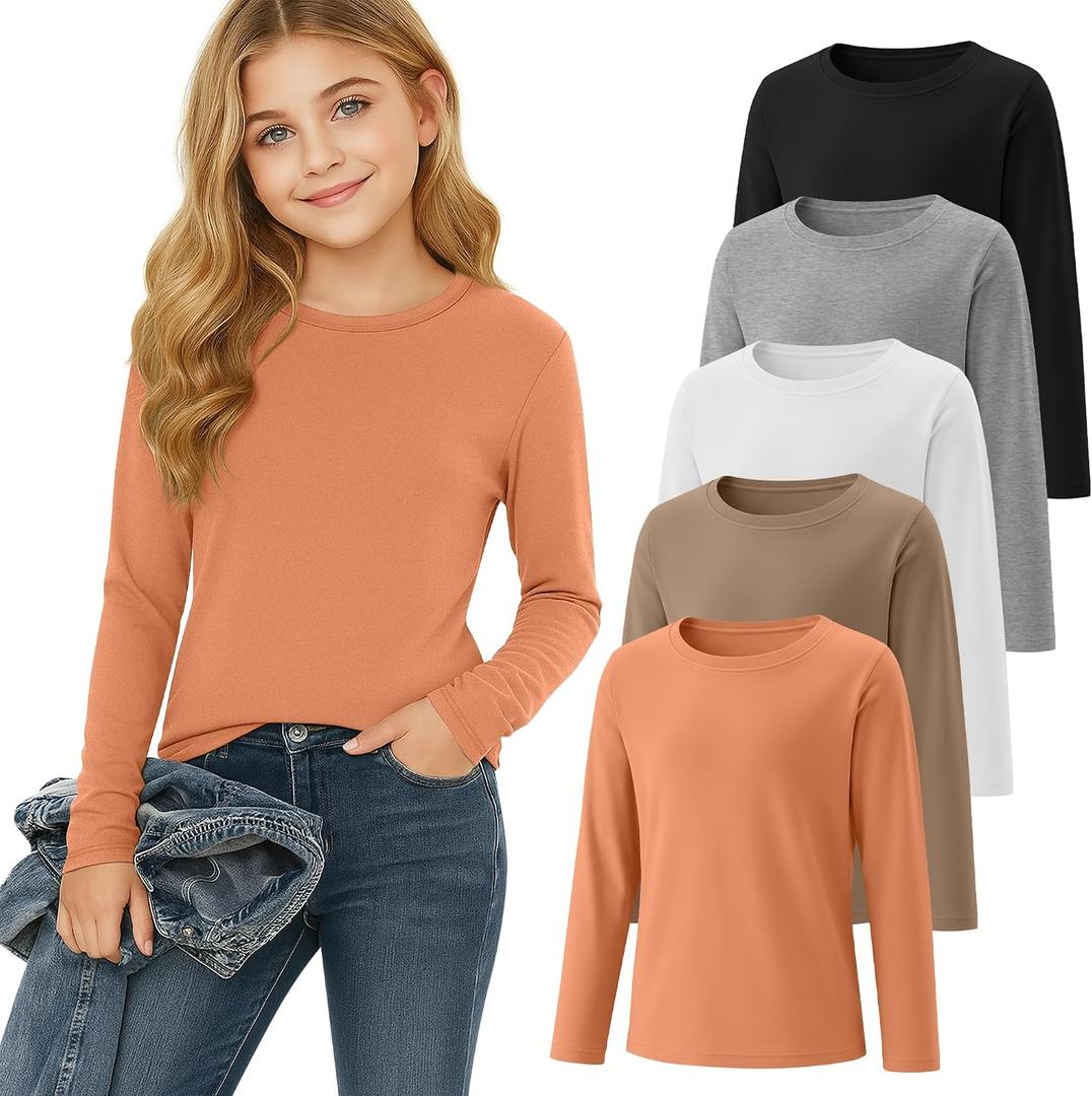 5 Pack Girls' Long Sleeve Shirts Kids Soft Crewneck Casual Loose Fit Layering Tops Basic Athletic Pullover Tee, 11-13Y