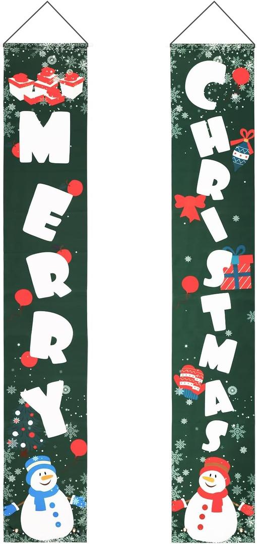 Merry Christmas Porch Signs, 2pcs Christmas Vertical Porch Signs Xmas Gift Boxes Snowman Porch Sign Front Door Banners Decorations for Xmas Party Outdoor Indoor Decor Supplies (71x12 Inch)