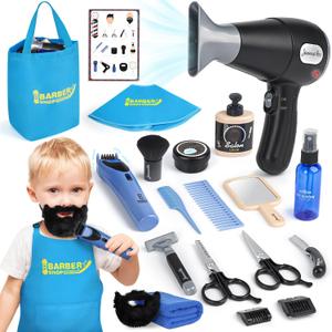 Barber Shop Pretend Play Toy, Kids Hair Salon Toys, Kids Shaving Kit for Boys Ages 3+ with Blow Dryer, Electric Shaver Toys, Tool Bag and Stylist Shave Barber Accessories for Role Play (Black), Child-size