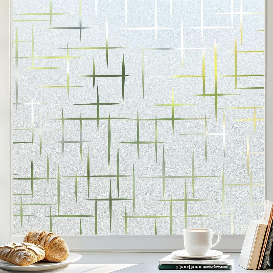 rabbitgoo Window Privacy Film Frosted Glass Window Film, Decorative Privacy Cling, UV Blocking Staic Cling Bathroom Glass Frosting Sticker, Non-Adhesive Front Door Cover, Cross Pattern, 17.5" x 78.7" (Pure), Pack Of 2