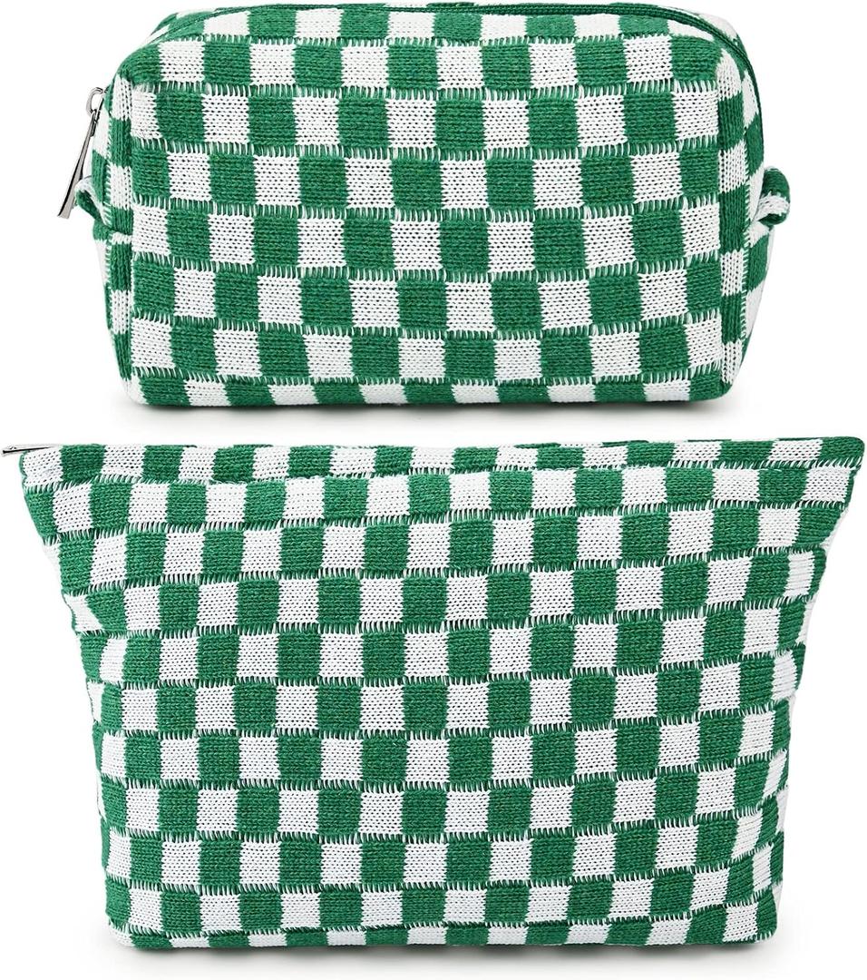 SOIDRAM 2 Pieces Makeup Bag Large Checkered Cosmetic Bag Capacity Canvas Mix Travel Toiletry Bag Organizer Cute Makeup Brushes Aesthetic Accessories Storage Bag for Women, Checkered Mix Green