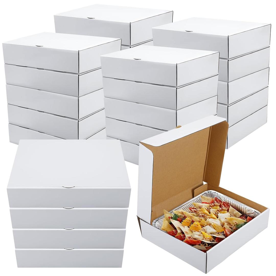 Watersay 25 Pack Half Pan Corrugated Catering Box 13'' x 10-7/8'' x 3'' White Secure Stackable Food Delivery Container Bakery Cardboard Food Storage Boxes for Takeout