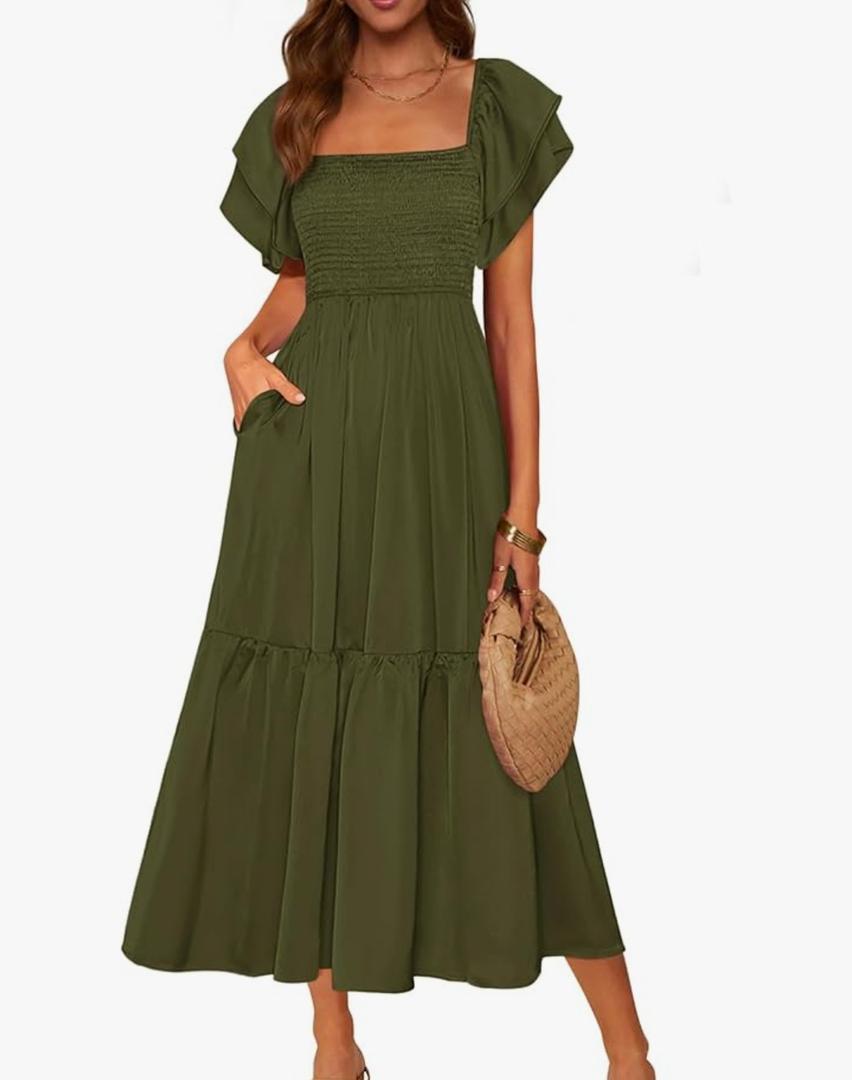 MASCOMODA Womens Summer Casual Midi Dress Square Neck Ruffle Short Sleeve Smocked High Waist A Line Wedding Guest Dresses Medium