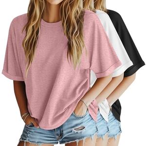 Riyiper 3 Pack Women's Oversized T-Shirt Half Sleeve Summer Tees Casual Loose Fit Crew Neck Basic Tops(Black, White, Pink,Large)