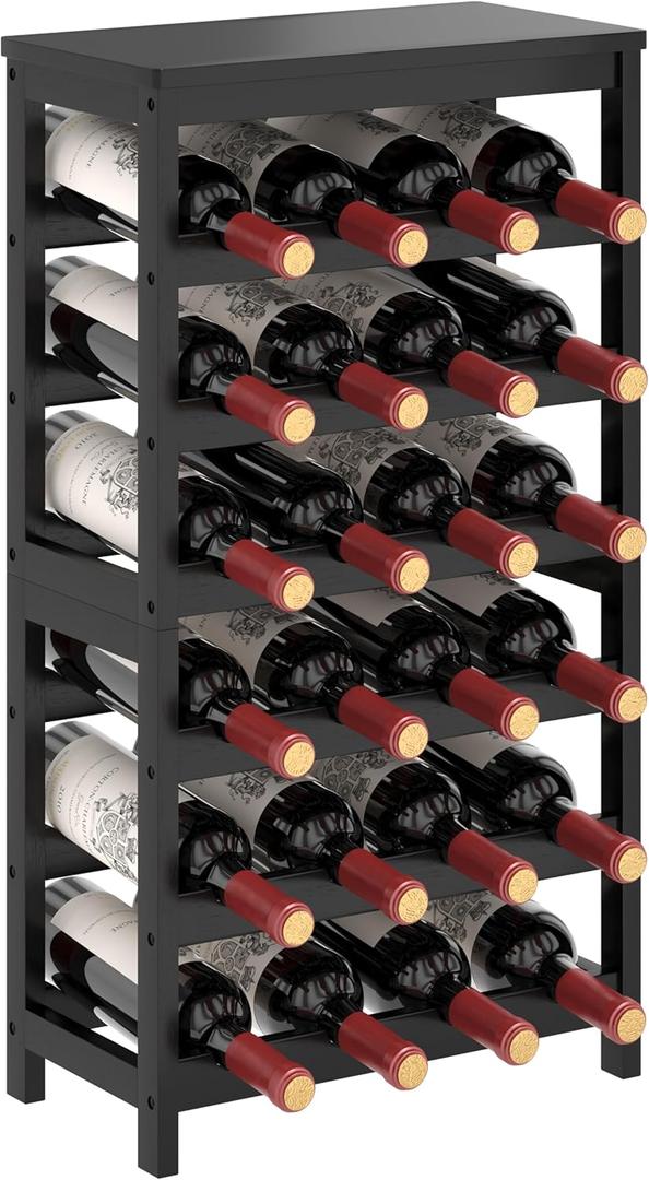 6 Tier Bamboo Rack Freestanding Floor, 24 Bottles Storage Shelves with Table Top, Stackable Display Rack for Kitchen, Bar, Dining Room, Black