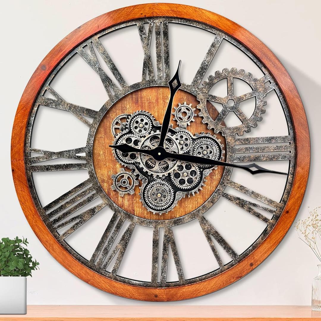 HOIBAI Large Wall Clock, Wall Clocks for Living Room Decor 36 Inch Farmhouse Vintage Rustic Kitchen Wall Decor Vintage Roman Oversized Wall Clock for Home Bedroom House, Moving Gears Clock (Steampunk Brown With Bronze Gears)