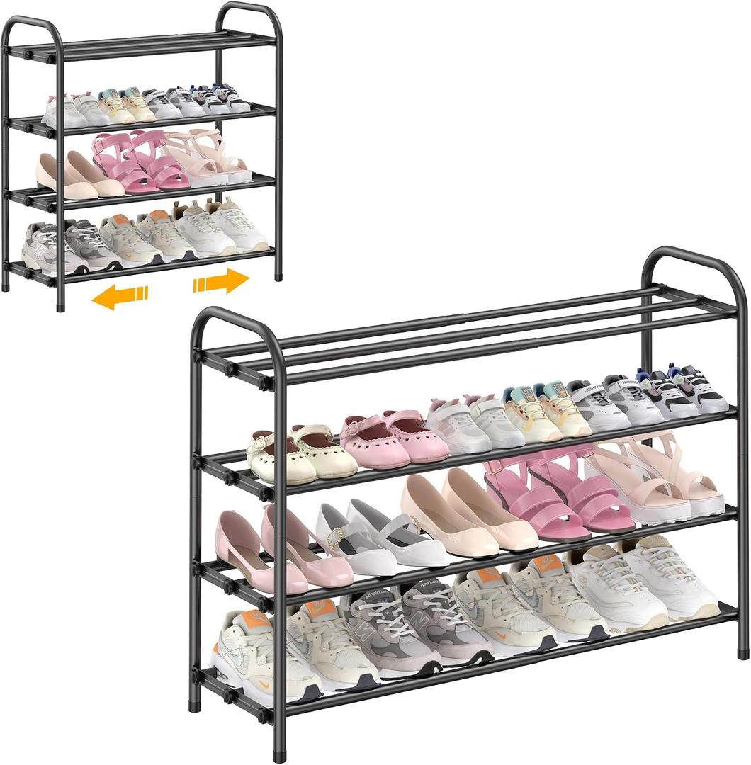 Hleelomi 4-Tier Metal Expandable Shoe Rack for Closet and Entryway, Black, 9.44"D x 30.7"W x 22.83"H