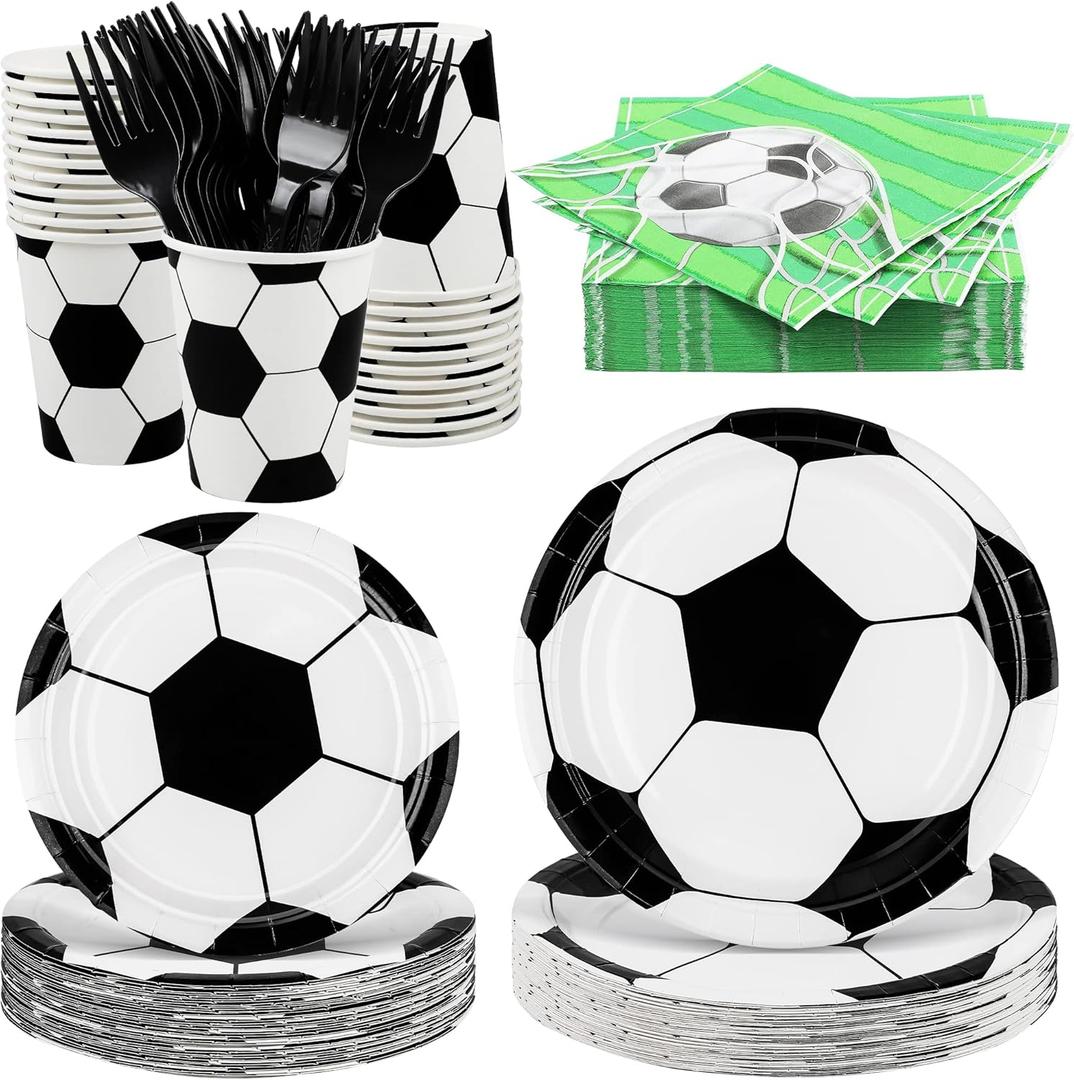 durony 144 Pieces Soccer Paper Plates and Napkins Dinnerware Set Soccer Birthday Party Tableware Supplies Includes Paper Plates Napkins Forks Serve 24 for Sports Party Supplies
