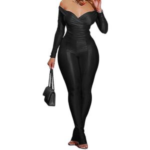 Sriswel Womens Sexy 2 Piece Outfits Off Shoulder Deep V Neck Tops Slit Hem Flare Pants Sparkly Jumpsuit Set Clubwear XXL
