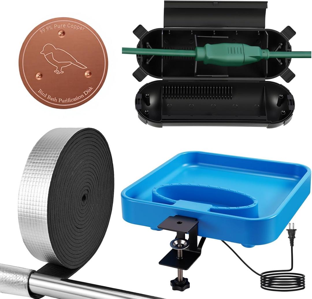 4 Pcs Heated Bird Bath Feeder for Deck Railing, 75w Detachable Birdbath with Copper Disk Pipe Insulation Tape Extension Cord Cover, Bird Feeder for Winter Outdoor Garden Yard Patio(2-in-1)