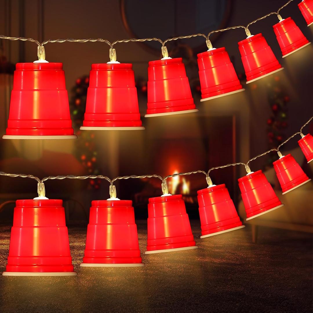 Hiboom 1 Pack 16.4FT 30 LED Red Cup String Lights, Trailer Park Party Decorations, Battery Operated Mini Shot Cups Fairy Light for Home, Bar, Clubs, Christmas, Graduation Party Supplies