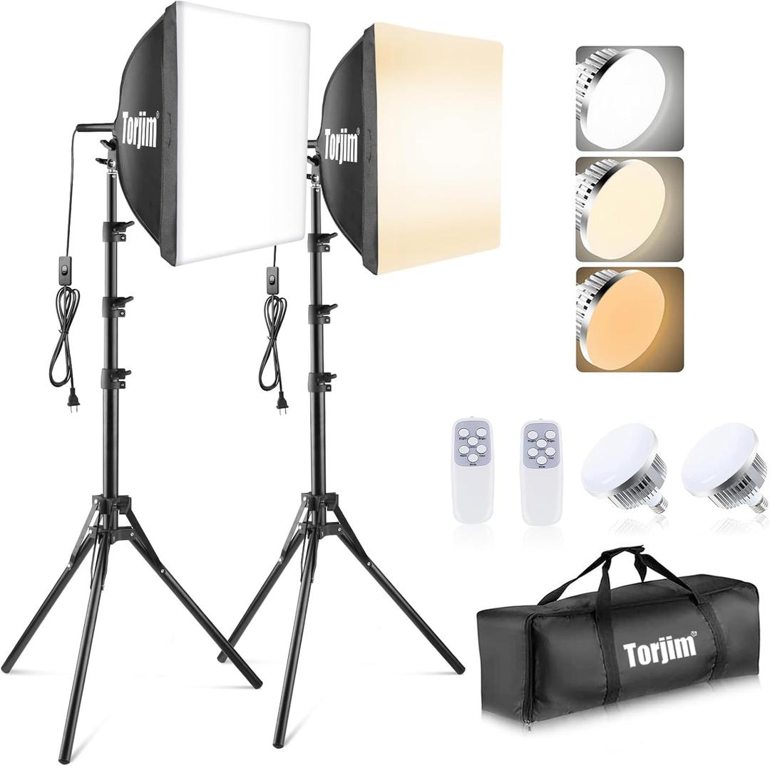 Torjim Softbox Photography Lighting Kit, 16'' x 16'' Professional Softbox Lighting Kit with 85W 3000-7500K LED Bulbs, Studio Lights for Photography/Video Recording/Live Streaming/Portraits Shooting