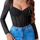 Avidlove Women Long Sleeve Bodysuit Sparkle Body Suits Top Mesh One Piece Leotard Shirt Going Out Tops Fall Outfits 2XL