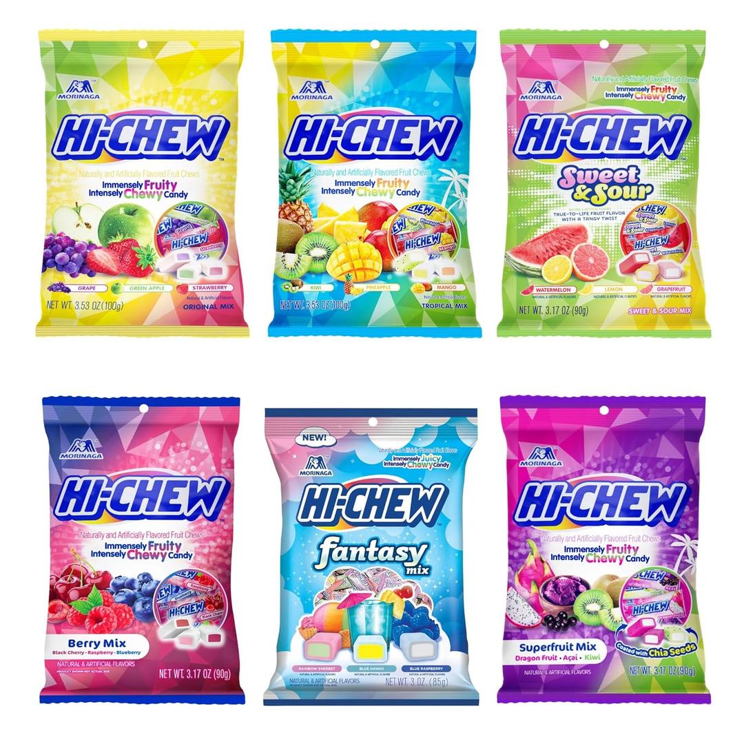 HI-CHEW Variety Mix, Pack of 6 Bags - 17 Flavor Assort Sweet and Sour Chewy Halloween Candy, Unique Fun Soft - Immensely Juicy Fruity Candy Flavors - Individually Wrapped for Sharing