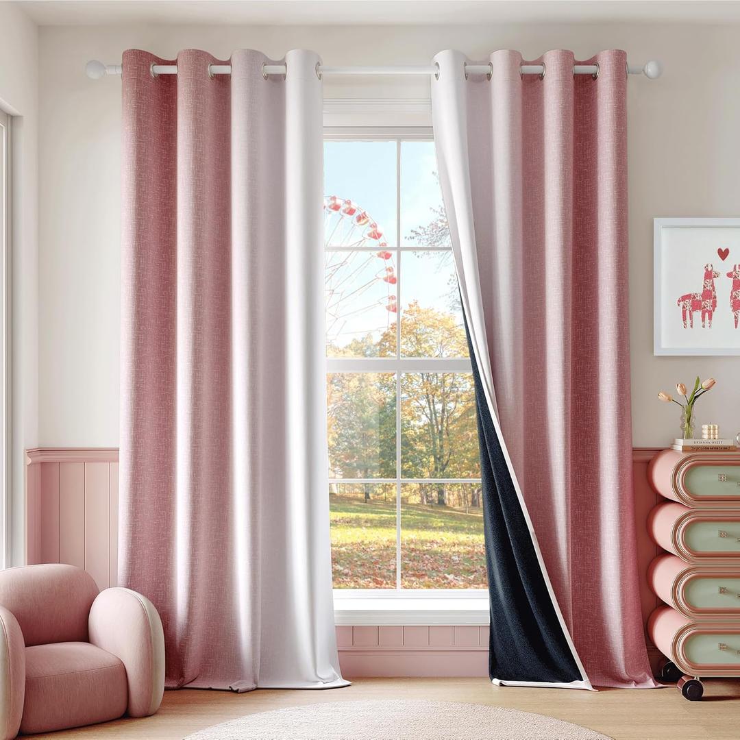 Ombre 100% Blackout Curtains 90 Inch Length 2 Panels for Bedroom Room Pink White Gradient Patterned Room Darkening Thermal Insulated Grommet Window Treatment Drapes,52x90, 2 Set