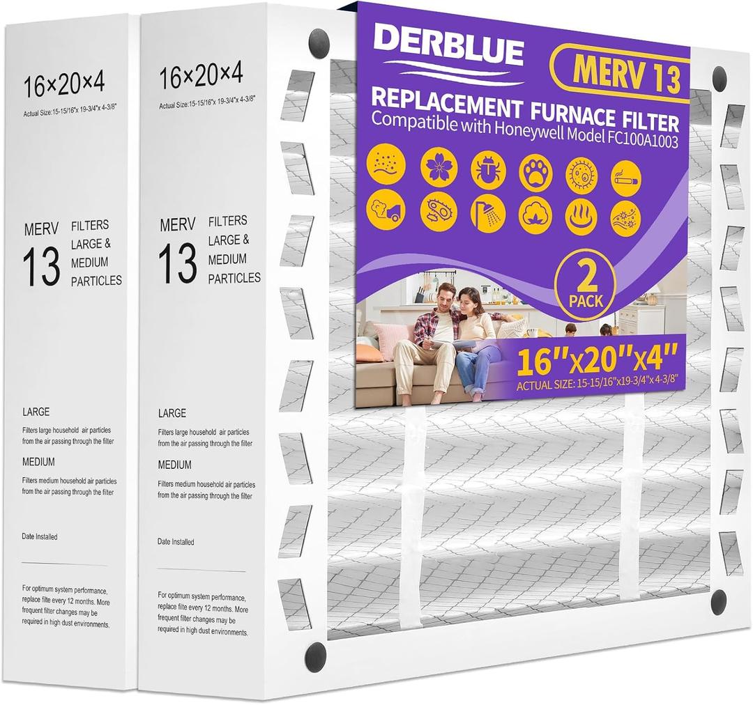 DerBlue 2PACK 16x20x4 MERV 13 Furnace Filter Replacement Compatible with Honeywell FC100A1003 Pleated HVAC,Foldable Design for Easy Installation & Space-Saving(Actual Size: 15.94 x 19.75 x 4.38 In)