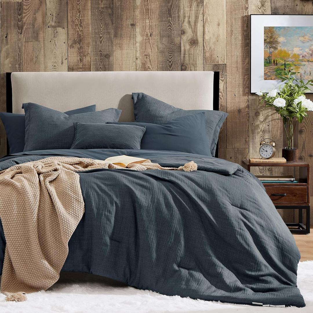 Geniospin Twin Comforter Set - 5 Pieces Comforter Twin Size, Solid Bedding Sets for All Season, Textured Bed in a Bag with Flat Sheet and Fitted Sheet, Pillowcases and Shams (Navy Blue, 66''x86'')