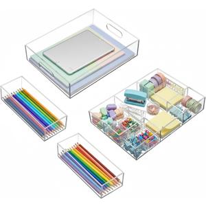 Briwooody 4 Pack Desk Drawer Organizer Set 3 Size Clear Acrylic Drawer Organizer Trays and Storage Dividers Office Accessories for Pen Makeup Silverware Office Bathroom