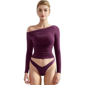 SUUKSESS Women Off Shoulder Long Sleeve Shirts Double Lined Fitted Crop Tops M