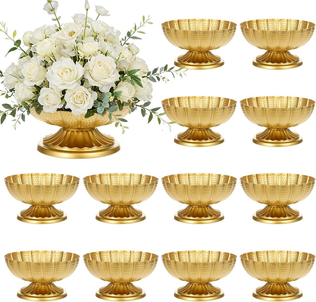 12 PCS Compote Bowl Gold Vase for Centerpieces 7" W x 4" H Small Metal Pedestal Vase Antique Gold Urn Vases Flower Arrangement for Wedding Anniversary Parties and Home Decor