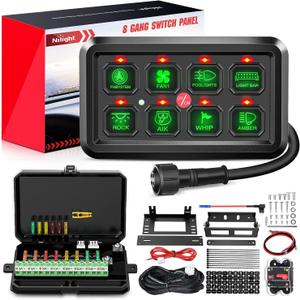 Nilight 8 Gang Switch Panel System Circuit Control Relay System Fuse Wiring Harness Automatic Dimmable ON Off LED Switch Pod for 12V Cars Trucks Campers SUV, (Green)