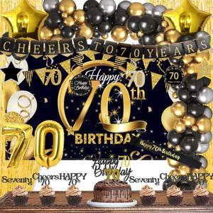 70th Birthday Decorations, Black Gold 70 Year Old Party Decorations for Women Men Backdrop Fringe Curtain Hanging Swirl Balloon Garland Banner Cake Cupcake Topper Sash 124 PCs