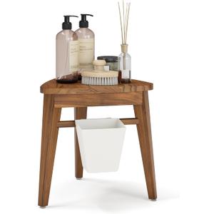 Smart FENDEE 12.4 Tall Small Teak Shower Stool for Shaving, Waterproof Corner Foot Rest with Storage Basket, Space-Saving Design for Compact Showers