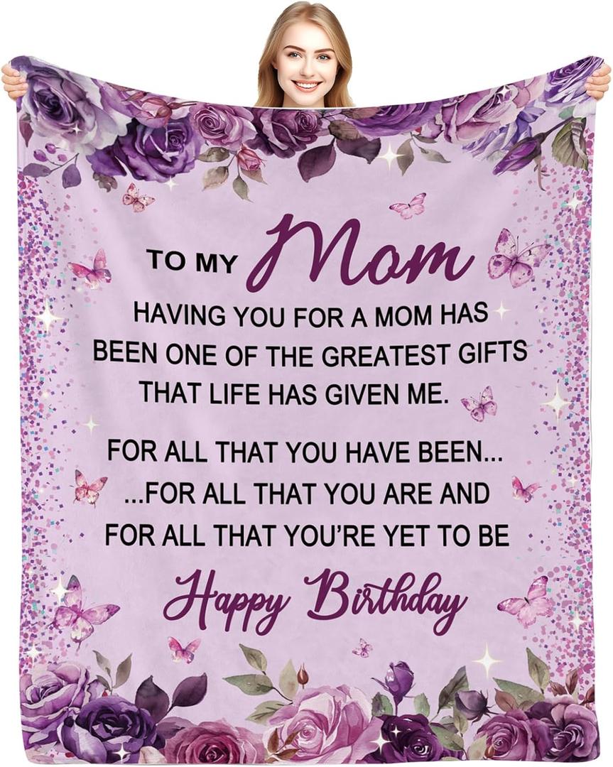 Happy Birthday Mom Blanket - Mom Birthday Gifts Purple, Birthday Gifts for Moms, Moms Gift from Daughter Son, Birthdays Present for Mama Mother, Mother Birthdays Throw Blanket, 60"x50"