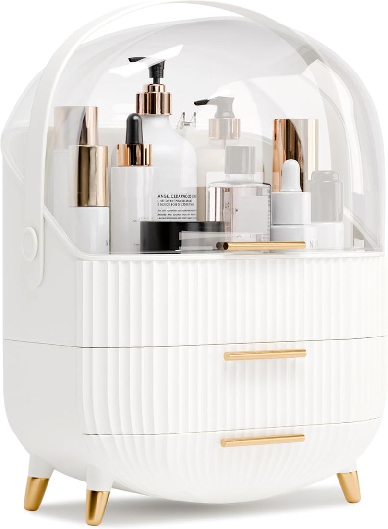 Makeup Organizers and Storage, Make up Organizer for Vanity Cosmetics Skincare Organizers With Lid and Drawers Display Cases for CountertopWhite