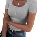 Zeagoo Women's Summer Tops Short Sleeve Shirts Ribbed Knit Square Neck T-shirt Casual Basic Slim Tee (X-Large, Light Grey)